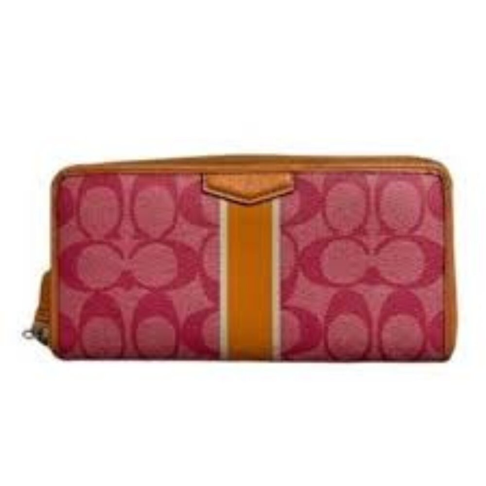 Coach signature pink and orange stripe zip-around continental wallet clutch